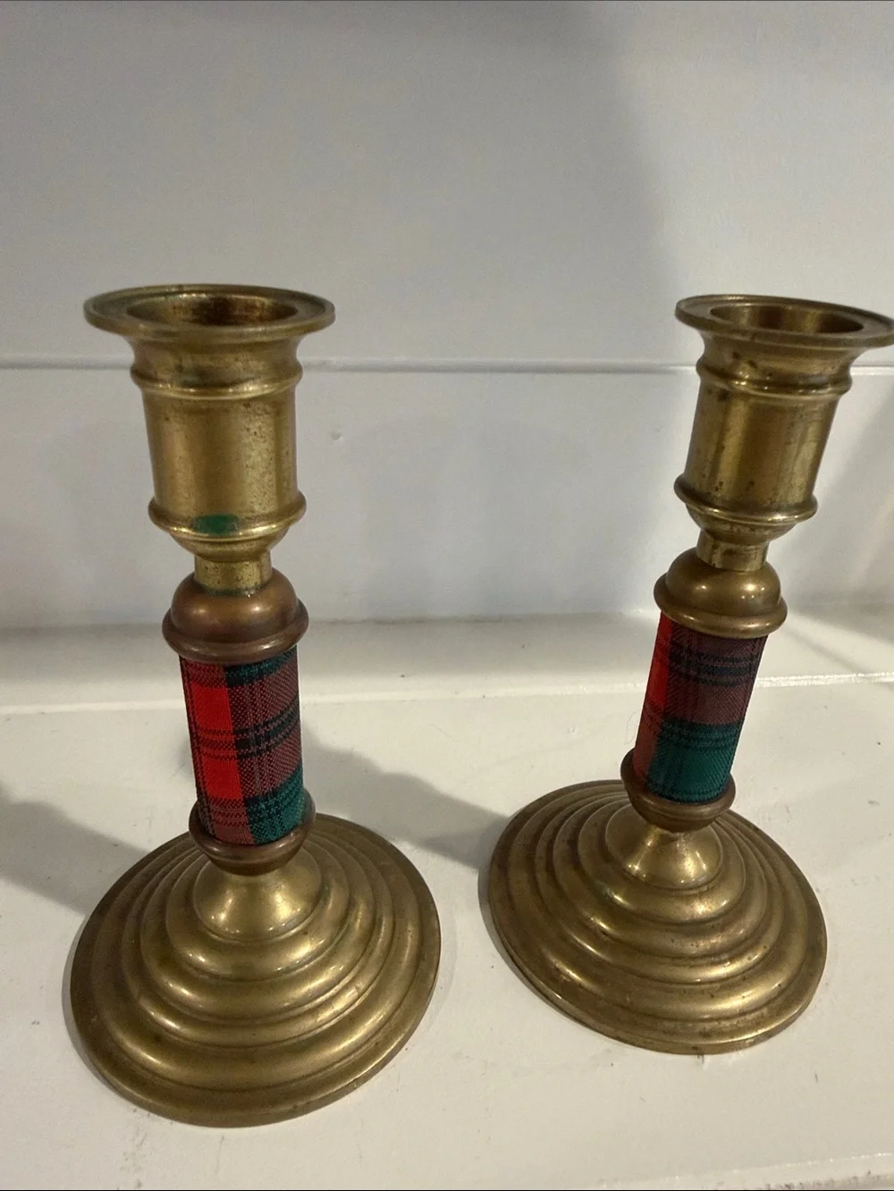 Brass Tartan Accent Candlestick Pair - Unbranded